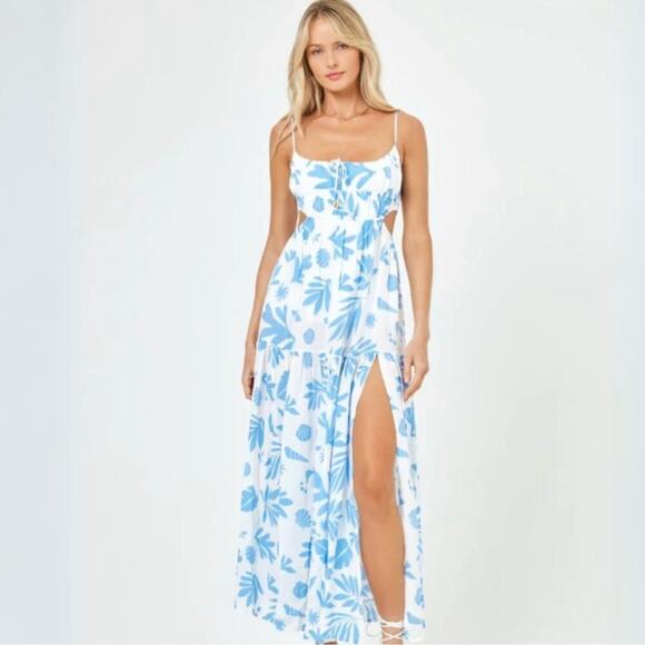 l*space Dresses & Skirts - l*space White and Light Blue Floral Maxi Dress with Side Slit